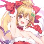  1girl ;d armpits blonde_hair bow breasts bucchake_(asami) choker cleavage collarbone demon_tail double_v fang floating_hair fur-trimmed_gloves fur_trim gloves green_bow hair_bow heart heart_tail high_ponytail large_breasts long_hair looking_at_viewer one_eye_closed orange_eyes original red_bow red_choker red_gloves smile solo strapless tail upper_body v very_long_hair white_bow 
