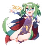  1girl 2024 blue_eyes cape china_dress chinese_clothes cross-shaped_pupils done_(donezumi) dragon_girl dragon_tail dress fang full_body green_hair highres open_mouth original skin_fang solo symbol-shaped_pupils tail white_background 
