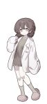  122pxsheol 1girl bare_legs braid bright_pupils brown_sweater closed_mouth full_body green_eyes grette happy happy_saint_sheol highres jacket lab_coat light_brown_hair long_sleeves looking_at_viewer official_art open_clothes open_jacket simple_background single_braid sleeves_past_wrists slippers smile socks solo standing sweater tareme white_background white_pupils wide_sleeves 