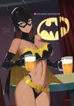  1girl alcohol animal_print artist_name bare_shoulders barleyshake bat_print batgirl batman_(series) batman_symbol beer beer_mug belt bikini black_gloves blue_eyes breasts cape cleavage closed_mouth covered_nipples cowboy_shot cup dark-skinned_female dark_skin dc_comics drink elbow_gloves empty_eyes gloves highleg highleg_bikini highres large_breasts linea_alba looking_at_viewer mask midriff_peek mug shiny_clothes smile solo swimsuit toon_(style) window 