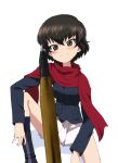  1girl black_hair brown_eyes caesar_(girls_und_panzer) girls_und_panzer kayabakoro leg_up ooarai_military_uniform scarf short_hair sitting solo tank_shell white_background 