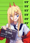  1girl absurdres bandaid bandaid_on_cheek bandaid_on_face bandaid_on_neck barbie_mugshot_(meme) black_necktie blonde_hair breasts chainsaw_man commentary cross-shaped_pupils ear_piercing hair_between_eyes hair_ornament hairpin hand_on_own_hip height_chart highres holding holding_sign horns jacket kiunchiku loose_necktie meme mugshot necktie open_mouth orange_eyes piercing power_(chainsaw_man) red_horns red_jacket sharp_teeth sign small_breasts smile solo symbol-shaped_pupils teeth upper_body 