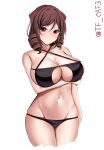  1girl alternate_breast_size alternate_costume black_bra black_panties blush bow bra breasts brown_hair collarbone cowboy_shot drill_hair hair_between_eyes hair_bow harukaze_(kancolle) highres kantai_collection large_breasts legs_together long_hair looking_at_viewer one-hour_drawing_challenge panties red_eyes simple_background smile solo tf_cafe twin_drills twitter_username underwear 