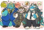 anthro blue_body blush burger chinese_zodiac cipactli_(tas) clothing crocs dragon eyewear felid food footwear fur glasses group horn japanese_text licho_(tas) lifewonders male mammal necktie new_year_2024 okudami overweight pantherine qinglong striped_body striped_fur stripes suit text tiger tokyo_afterschool_summoners trio white_body white_fur year_of_the_dragon