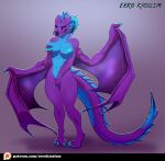 anthro blue_claws breast_play breasts claws digitigrade dragon dragon_tail errokioslem female fin hi_res masturbation purple_body purple_scales scales solo solo_focus standing transformation wings