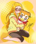  1girl artist_name barefoot black_pants blonde_hair capri_pants character_doll closed_mouth commentary dated english_commentary glasses holding holding_stuffed_toy hood hood_down hoodie kasugano_urara_(yes!_precure_5) kibou_no_chikara_~otona_precure_&#039;23~ long_hair long_sleeves looking_at_viewer mel-chan pants precure rectangular_eyewear red-framed_eyewear signature sitting smile solo stuffed_toy syrup_(yes!_precure_5) wariza yellow_background yellow_eyes yellow_hoodie yes!_precure_5 