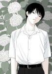  1boy arms_at_sides belt black_belt black_eyes black_hair black_pants buttons collarbone collared_shirt commentary english_commentary floral_background flower head_tilt hiakko hydrangea leaf leaf_background looking_at_viewer male_focus muted_color open_collar original pale_skin pants parted_lips school_uniform shirt shirt_tucked_in short_hair short_sleeves solo upper_body white_flower white_shirt 