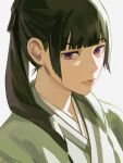  1girl absurdres black_hair blunt_bangs chinese_clothes commentary english_commentary expressionless freckles hanfu highres kusuriya_no_hitorigoto looking_at_viewer maomao_(kusuriya_no_hitorigoto) multi-tied_hair portrait profile purple_eyes solo unfinished uqi32 