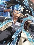  1boy bandages bara blue_fire blue_hair cross_scar dual_wielding fiery_horns fighting_stance fire foreshortening forked_eyebrows gakuran hair_slicked_back highres holding holding_sword holding_weapon horns hydrokinesis jacket jacket_on_shoulders looking_at_viewer male_focus motion_lines nizitaro open_mouth pectoral_cleavage pectorals sakimori_toji scar scar_on_cheek scar_on_face school_uniform shirt solo sword thick_eyebrows tokyo_afterschool_summoners water weapon white_shirt 