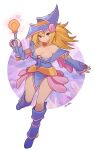  1girl absurdres blonde_hair blue_footwear blush boots breasts cleavage closed_mouth dark_magician_girl full_body highres knee_boots large_breasts long_hair looking_at_viewer purple_eyes ryuusui_arumo smile solo yu-gi-oh! 