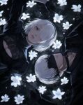  1boy 1girl 2b_(nier:automata) 9s_(nier:automata) black_blindfold black_choker black_gloves black_hairband blindfold blue_eyes breasts choker cleavage cleavage_cutout clothing_cutout commentary field flower flower_field gloves hair_over_one_eye hairband highres juliet_sleeves long_sleeves lying medium_breasts nier:automata nier_(series) no_blindfold on_back parted_lips puffy_sleeves rotational_symmetry turtleneck uqi32 white_hair 