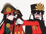  1boy 1girl black_cape blush brother_and_sister cape family_crest fate/grand_order fate_(series) hat holding low_ponytail medallion military_hat mini_nobu_(fate) oda_nobukatsu_(fate) oda_nobunaga_(fate) oda_uri peaked_cap red_cape red_eyes sempon_(doppio_note) shako_cap siblings simple_background upper_body white_background 