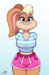 anthro blonde_hair bottomwear buckteeth clothing eyelashes eyeshadow female fur gym_bottomwear gym_clothing gym_shorts hair hands_behind_back hi_res lagomorph leporid lola_bunny long_ears looney_tunes makeup mammal multicolored_body multicolored_fur pattern_clothing pattern_shirt pattern_topwear rabbit shirt shorts shyshyoctavia smile solo striped_clothing striped_shirt striped_topwear stripes teeth topwear two_tone_body two_tone_fur warner_brothers