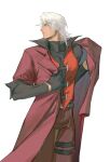  1boy bishounen black_gloves blue_eyes closed_mouth coat dante_(devil_may_cry) dark-skinned_male dark_skin devil_may_cry_(series) devil_may_cry_1 gloves highres jacket jing84672940 long_hair male_focus red_coat simple_background solo tan weapon white_hair 