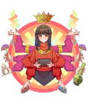  1girl alison_(alison_airlines) black_hair blush_stickers bong character_request commentary_request controller copyright_request crown extra_arms floating flower game_controller highres holding holding_controller holding_flower holding_game_controller long_hair long_sleeves outline red_eyes red_sweater smirk solo sweater white_outline 