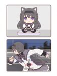  1girl akemi_homura animal_ears black_hair blush cat_ears cat_girl cat_tail chibi controller game_controller highres long_hair looking_at_viewer magical_girl mahou_shoujo_madoka_magica mahou_shoujo_madoka_magica_(anime) playing_games purple_eyes running sitting soul_gem tail yuno385 