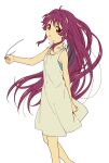  1girl ahoge bare_arms bare_legs blue_bra bra collarbone dress feet_out_of_frame hair_intakes hand_up highres holding_hair_tie long_hair looking_at_viewer namori parted_lips purple_eyes purple_hair simple_background sleeveless sleeveless_dress solo sugiura_ayano tied_dress underwear very_long_hair white_background white_dress yuru_yuri 