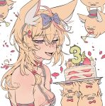  1girl :d absurdres animal_ear_fluff animal_ears bare_shoulders blonde_hair bow breasts cake cake_slice closed_mouth food fox_ears from_side hair_bow hair_ornament highres hololive kakult2017 long_hair looking_at_food medium_breasts multicolored_hair omaru_polka omaru_polka_(1st_costume) purple_eyes simple_background smile solo strawberry_shortcake streaked_hair virtual_youtuber white_background x_hair_ornament zain_(omaru_polka) 
