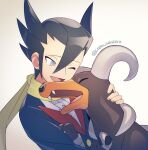  1boy ;d artist_name bangs black_hair blue_jacket buttons commentary_request elite_four gen_2_pokemon grey_eyes grimsley_(pokemon) hair_between_eyes highres holding holding_pokemon houndoom jacket male_focus momoji_(lobolobo2010) one_eye_closed open_mouth pokemon pokemon_(creature) pokemon_(game) pokemon_bw scarf smile tongue yellow_scarf 