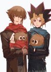  2boys alternate_costume animal animal_hug black_gloves black_hair black_jacket black_shirt blonde_hair blue_scarf brown_coat brown_eyes brown_gloves brown_hair chain coat feathered_wings fingerless_gloves gloves grey_pants happy highres holding holding_animal in-franchise_crossover jacket kuriboh leather leather_jacket looking_at_another male_focus multicolored_hair multiple_boys mutou_yuugi naoki_(2rzmcaizerails6) open_clothes open_coat open_mouth pants purple_eyes purple_hair red_scarf scarf shirt short_hair sidelocks simple_background smile upper_body white_background white_wings winged_kuriboh wings winter_clothes yu-gi-oh! yu-gi-oh!_duel_monsters yu-gi-oh!_gx yuuki_juudai 