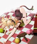  1girl ah_(pixiv62888100) all_fours animal_ears ankle_strap arm_strap ass black_footwear black_leotard blonde_hair blush bow cat_ears cat_tail checkered checkered_floor clenched_hands closed_mouth commentary english_commentary eyebrows_visible_through_hair fake_animal_ears fake_tail full_body girls_frontline green_bow green_eyes gun headphones highres leotard long_hair looking_at_viewer machine_gun simple_background sleeveless socks solo symbol_commentary tail tail_bow tail_ornament tareme thigh_strap thighs tmp_(girls_frontline) top-down_bottom-up weapon white_background yarn yarn_ball 