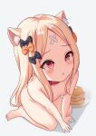  1girl abigail_williams_(fate) animal_ears bandaid bandaid_on_forehead bangs black_bow blonde_hair blush bow breasts cat_ears collar collarbone crossed_bandaids fate/grand_order fate_(series) food forehead hair_bow highres long_hair looking_at_viewer looking_up multiple_bows nude open_mouth orange_bow pancake parted_bangs plate polka_dot polka_dot_bow red_eyes shimokirin sitting small_breasts wariza 