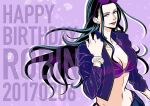  1girl bad_id bad_twitter_id bikini black_hair blue_eyes bracelet commentary_request eyelashes eyewear_on_head happy_birthday jacket jewelry long_hair looking_to_the_side miri_(xxxmirink) nico_robin one_piece petals pink_lips purple_background purple_bikini purple_jacket sidelocks simple_background smile solo swimsuit upper_body 