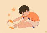  1boy bandaid bandaid_on_leg black_eyes brown_hair frown full_body male_focus noeyebrow_(mauve) original shirt short_hair shorts simple_background sitting socks solo stretching 