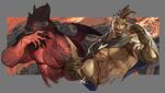  2boys aatrox abs absurdres art_program_in_frame bara bare_pectorals beard brown_hair colored_skin cropped_torso curled_horns demon_boy demon_wings facial_hair finger_on_forehead fingernails flexing_pectorals full_beard hand_up head_tilt highres horns large_pectorals league_of_legends looking_at_viewer male_focus mature_male monster_boy multiple_boys muscular muscular_male nude pantheon_(league_of_legends) pectorals red_skin sharp_fingernails side-by-side thick_beard thick_eyebrows unfinished upper_body veins veiny_arms wings xkov_(cerberuskeeper) 