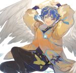  1boy :d angel_wings aqua_eyes arms_up astel_leda black_bodysuit blonde_hair blue_hair blush bodysuit boots coat feathered_wings halo highres holostars long_sleeves male_focus messy_hair open_mouth riri_zuran short_hair smile solo star_(symbol) thigh_boots thighhighs twitter_username virtual_youtuber white_wings wings yellow_coat 