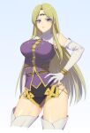  1girl angry ass_visible_through_thighs blonde_hair blue_eyes bracelet breasts circlet closed_mouth dress elbow_gloves gloves green_eyes hand_on_own_hip highres jewelry long_hair looking_at_viewer murata_tefu mystina_(valkyrie_profile) purple_dress simple_background skirt solo standing thighhighs valkyrie_profile_(series) white_background white_thighhighs 