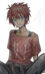  1girl blue_eyes brown_pants original pants red_hair red_shirt shirt short_hair sitting smile solo t-shirt teeth very_short_hair white_background yuutsu_(umrs8555) 