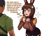 &lt;3 &lt;3_eyes akeowi animal_ears animal_humanoid big_breasts blush bodysuit breasts brown_body brown_bodysuit brown_eyes brown_fur brown_hair brown_skinsuit clothing dialogue duo female fur hair human humanoid lagomorph lagomorph_humanoid leporid_humanoid male mammal mammal_humanoid navel_outline open_mouth rabbit_humanoid simple_background skinsuit sparkles tan_body tan_skin text thick_thighs tight_clothing white_background wide_hips