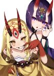  2girls absurdres bare_shoulders blonde_hair breasts collarbone eyeliner facial_mark fate/grand_order fate_(series) forehead forehead_mark grin hair_pulled_back headpiece highres horns ibaraki_douji_(fate) izanaware_game japanese_clothes kimono long_hair long_sleeves looking_at_viewer makeup multiple_girls off_shoulder oni open_mouth purple_eyes purple_hair purple_kimono sash short_hair shuten_douji_(fate) skin-covered_horns small_breasts smile tattoo wide_sleeves yellow_eyes yellow_kimono 