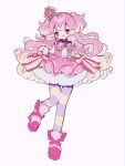  1girl :3 blonde_hair bow bowtie brooch clenched_hands crown cure_wonderful curly_hair dress dress_bow earrings film_grain hands_up heart heart_brooch highres inukai_komugi jewelry long_hair looking_at_viewer magical_girl multicolored_hair no_nose open_mouth pink_background pink_dress pink_eyes pink_footwear pink_hair precure purple_thighhighs short_dress simple_background solo standing standing_on_one_leg striped_clothes striped_thighhighs thighhighs two-tone_hair two-tone_thighhighs two_side_up upa_papa_co wonderful_precure! wrist_cuffs yellow_thighhighs 