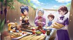  1boy 3girls absurdres artist_request blue_hair blue_sky braid brown_hair character_request child chinese_clothes dress fingerless_gloves flour food genshin_impact gloves guoba_(genshin_impact) hair_ornament highres holding holding_plate jar multiple_girls official_art old old_woman open_mouth plate purple_dress purple_eyes second-party_source short_hair sky smile spanish_text twin_braids xiangling_(genshin_impact) yellow_eyes 