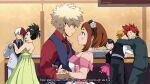  3girls 4boys artist_name bakugou_katsuki black_neckwear blonde_hair blush_stickers boku_no_hero_academia brown_hair buttons clenched_teeth closed_mouth collared_shirt commentary dailykrumbs dancing dress english_commentary green_dress grey_jacket grey_pants hair_ornament holding_hand indoors jacket jirou_kyouka kaminari_denki kirishima_eijirou multicolored_hair multiple_boys multiple_girls necktie open_mouth pants parted_lips pink_skirt red_hair red_shirt sharp_teeth shirt skirt spiked_hair subtitled teeth todoroki_shouto two-tone_hair uraraka_ochako vest yaoyorozu_momo 