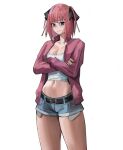  1girl absurdres belt black_belt blue_eyes blue_shorts breasts cleavage closed_mouth collarbone commission crop_top crossed_arms denim denim_shorts go-toubun_no_hanayome highres jacket large_breasts looking_at_viewer micro_shorts nakano_nino navel pink_hair pink_jacket short_hair shorts simple_background solo tefi_blum white_background 