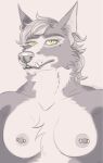 2022 anthro big_breasts breasts canid canine chest_tuft eyelashes female fur gaypaw glistening glistening_eyes glistening_nose grey_body grey_fur grey_nose hair hi_res mammal nipple_piercing nipples piercing portrait shaded short_hair simple_background sketch snaggle_teeth snaggle_tooth solo tuft underbite were werecanid werecanine werewolf white_background yellow_eyes