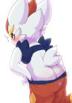 2024 ambiguous_gender anthro blush blush_lines bottomwear bottomwear_down bottomwear_pull butt cinderace clothed clothing clothing_pull facial_tuft fur generation_8_pokemon hi_res lagomorph leporid long_ears looking_at_viewer looking_back looking_back_at_viewer mammal nintendo on_one_leg pants pants_down pants_pull partially_clothed pokemon pokemon_(species) popkage pseudo_clothing pseudo_clothing_down rabbit rear_view red_bottomwear red_clothing red_eyes red_pants short_tail simple_background solo standing surprise tail undressing white_background white_body white_fur