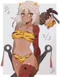  1girl animal_print bikini breasts character_request cheesenaanlassi club_(weapon) cone_horns cosplay dark-skinned_female dark_skin fur_bikini guilty_gear guilty_gear_strive hair_between_eyes highres horns large_breasts long_hair looking_at_viewer lum lum_(cosplay) navel oni oni_costume orange_eyes print_bikini print_footwear ramlethal_valentine simple_background small_horns spiked_club strapless strapless_bikini striped_horns swimsuit thigh_strap tiger_panties tiger_print underboob urusei_yatsura weapon white_hair yellow_bikini yellow_eyes yellow_horns 