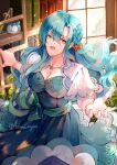  1girl aqua_eyes artist_name bangle blue_dress bracelet braid breasts chloe_(fire_emblem) cleavage creyton dress fire_emblem fire_emblem_engage flower flower_necklace green_eyes highres jewelry long_hair looking_at_viewer medium_breasts parted_bangs single_braid smile solo wavy_hair 