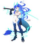  1girl absurdres animal_feet animal_hands arm_tattoo arm_up artist_name blue_fire blue_hair blue_scales breasts claws dragon_girl dragon_horns dragon_tail fiery_hair fire full_body fur-tipped_tail hair_over_shoulder highres holding holding_sword holding_weapon horns katana knifecat long_hair looking_at_viewer monster_girl open_mouth original over_shoulder pelvic_curtain pointy_ears rope scales see-through shimenawa simple_background slit_pupils small_breasts solo standing sword sword_over_shoulder tail tattoo twitter_username very_long_hair weapon weapon_over_shoulder white_background yellow_eyes 