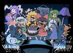  6+girls animal_ears black_footwear black_headwear blonde_hair bow bowl breasts brown_footwear brown_hair controller couch detached_sleeves food green_hair grey_hair hair_bow hair_tubes hakurei_reimu hat holding holding_food hot_dog kevin_arthur kirisame_marisa kochiya_sanae konpaku_youmu konpaku_youmu_(ghost) lamp large_breasts long_hair long_sleeves moriya_suwako multiple_girls navel on_couch open_mouth parted_lips purple_hair rabbit_ears rabbit_girl red_bow red_eyes reisen_udongein_inaba remote_control sharp_teeth short_hair short_sleeves sitting sleeping teeth television touhou witch_hat zzz 