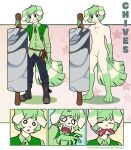 absurd_res anthro batruse chives_(hebleh) clothing digital_media_(artwork) fur generation_6_pokemon green_body green_fur green_hair hair hi_res male mammal meowstic multi_tail neck_tuft nintendo open_mouth pokemon pokemon_(species) solo tail text tuft white_body