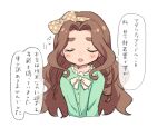  1girl :o blush bow brown_hair facing_viewer green_shirt hair_bow hairband highres idolmaster idolmaster_cinderella_girls idolmaster_cinderella_girls_starlight_stage kahiika kusakabe_wakaba long_hair long_sleeves shirt simple_background solo speech_bubble tearing_up thick_eyebrows translation_request upper_body white_background white_bow 