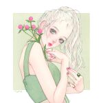  1girl blush flower from_side green_background green_eyes jewelry leaf long_hair looking_at_viewer original pink_flower pink_nails ponytail ring solo white_hair zizizy 