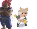  1boy 1girl absurdres akuma_(street_fighter) beleven belt boots brown_hair camisole coyote_(kemono_friends) dougi gloves highres jacket kemono_friends kemono_friends_v_project navel red_eyes red_hair setsubun short_hair skirt street_fighter thighhighs virtual_youtuber yellow_eyes 