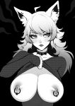  1girl animal_ear_fluff animal_ear_piercing animal_ears artist_name brassica breasts cleavage clothes_lift collar collarbone commission eyelashes greyscale highres large_breasts lifted_by_self long_hair long_sleeves monochrome nipple_piercing nipples original piercing shirt_lift solo spiked_collar spikes upper_body 