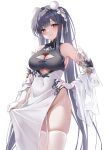  1girl absurdly_long_hair absurdres azur_lane bare_shoulders blush breasts china_dress chinese_clothes classic_(zildjian33) cleavage cleavage_cutout closed_mouth clothes_grab clothing_cutout commentary_request covered_navel cutout_above_navel detached_sleeves dress gloves hair_ornament hand_on_own_hip highres large_breasts long_hair looking_at_viewer no_panties pelvic_curtain peter_strasser_(azur_lane) pom_pom_(clothes) pom_pom_hair_ornament red_eyes simple_background smile solo thighhighs thighs twintails very_long_hair white_background white_gloves white_thighhighs wide_sleeves 